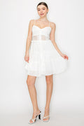White scallop-sweetheart spaghetti-strap crochet-waist-panel button-front tiered chiffon mini dress - front full view showing sweetheart neckline and tiered skirt