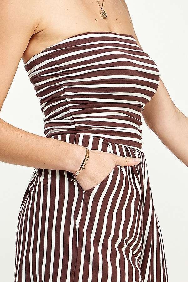 Burgundy multi-stripe strapless tube-bodice side-pocket short romper - close-up detail showing horizontal-stripe tube bodice and side pocket