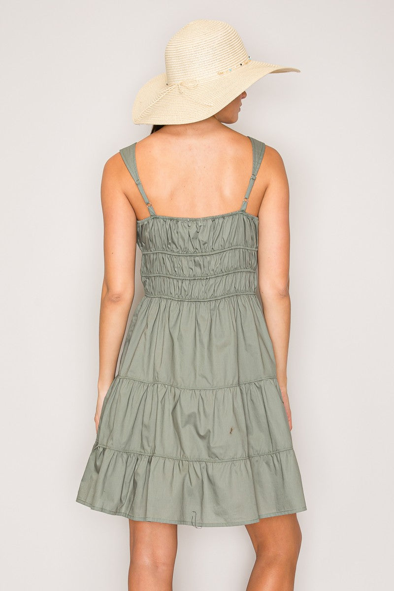 Sage green square-neck tie-front smocked-waist tiered mini dress - back view showing adjustable straps and smocked waistband