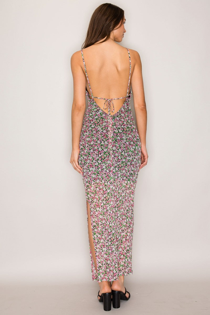Ditsy floral mesh spaghetti-strap square-neck allover-ruched open-back lace-up side-slit bodycon maxi dress - back full view showing dramatic open back, gold spaghetti straps, dainty lace-up cord tie, ruched back skirt, and side slit at maxi hem