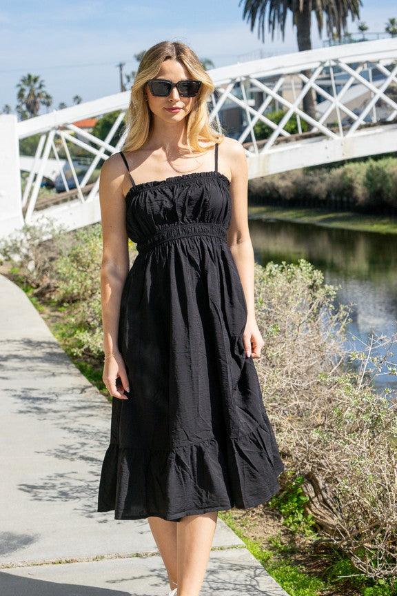 Red spaghetti-strap ruffle-trim smocked-bodice tiered midi dress - back full-length view showing fine spaghetti straps, smocked back bodice, and full tiered midi skirt from behind in bold red