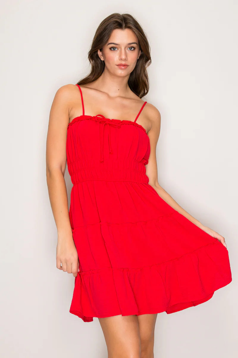 Red tie-front tiered ruffle mini dress - front view
