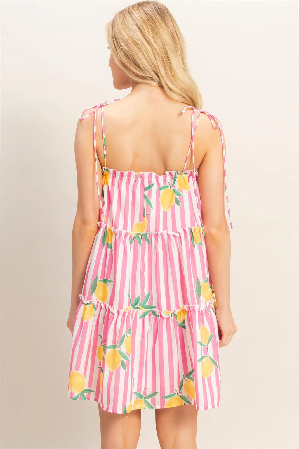 Pink lemon print striped tiered babydoll mini dress - back view