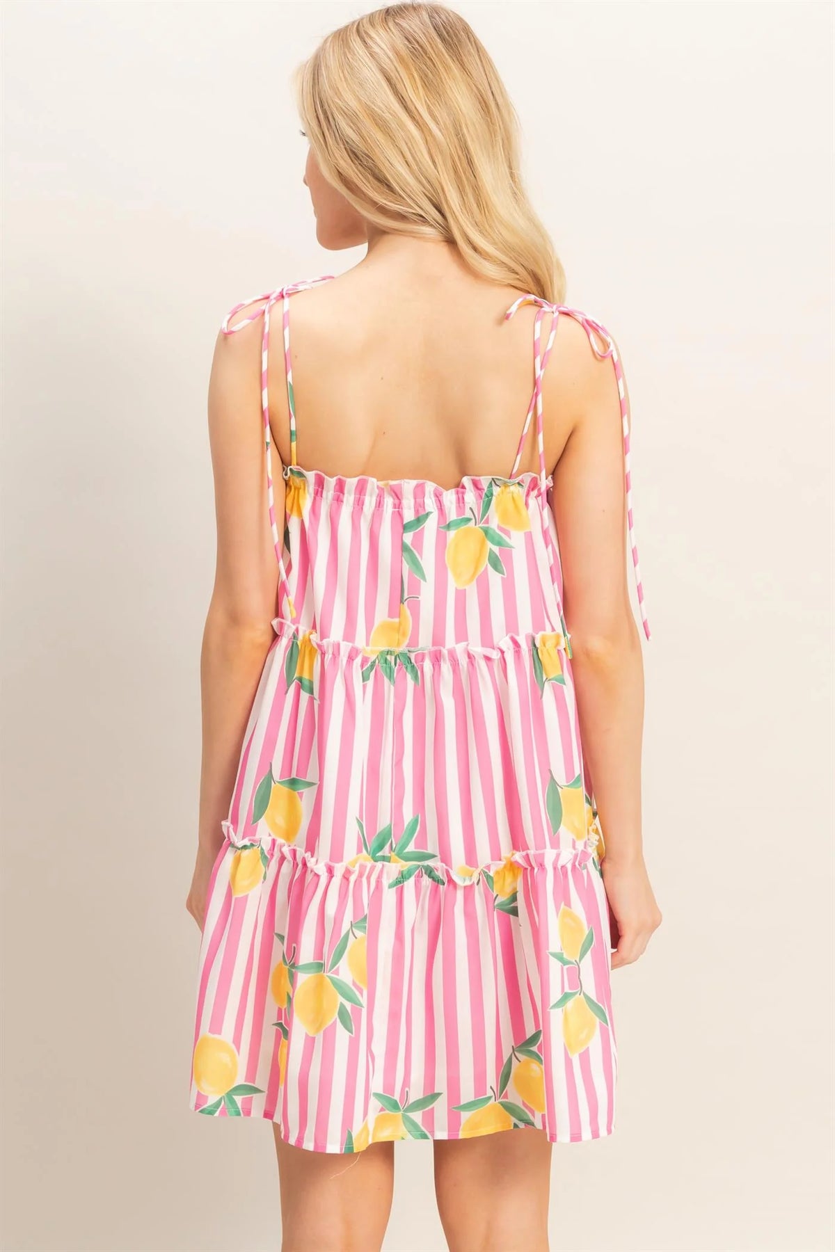 Pink lemon print striped tiered babydoll mini dress - back view