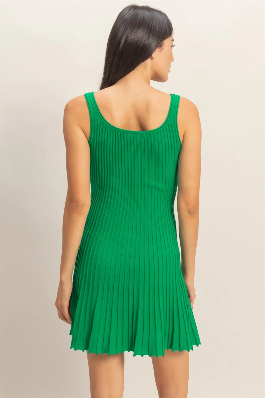 Green ribbed pleated tank mini dress - back view