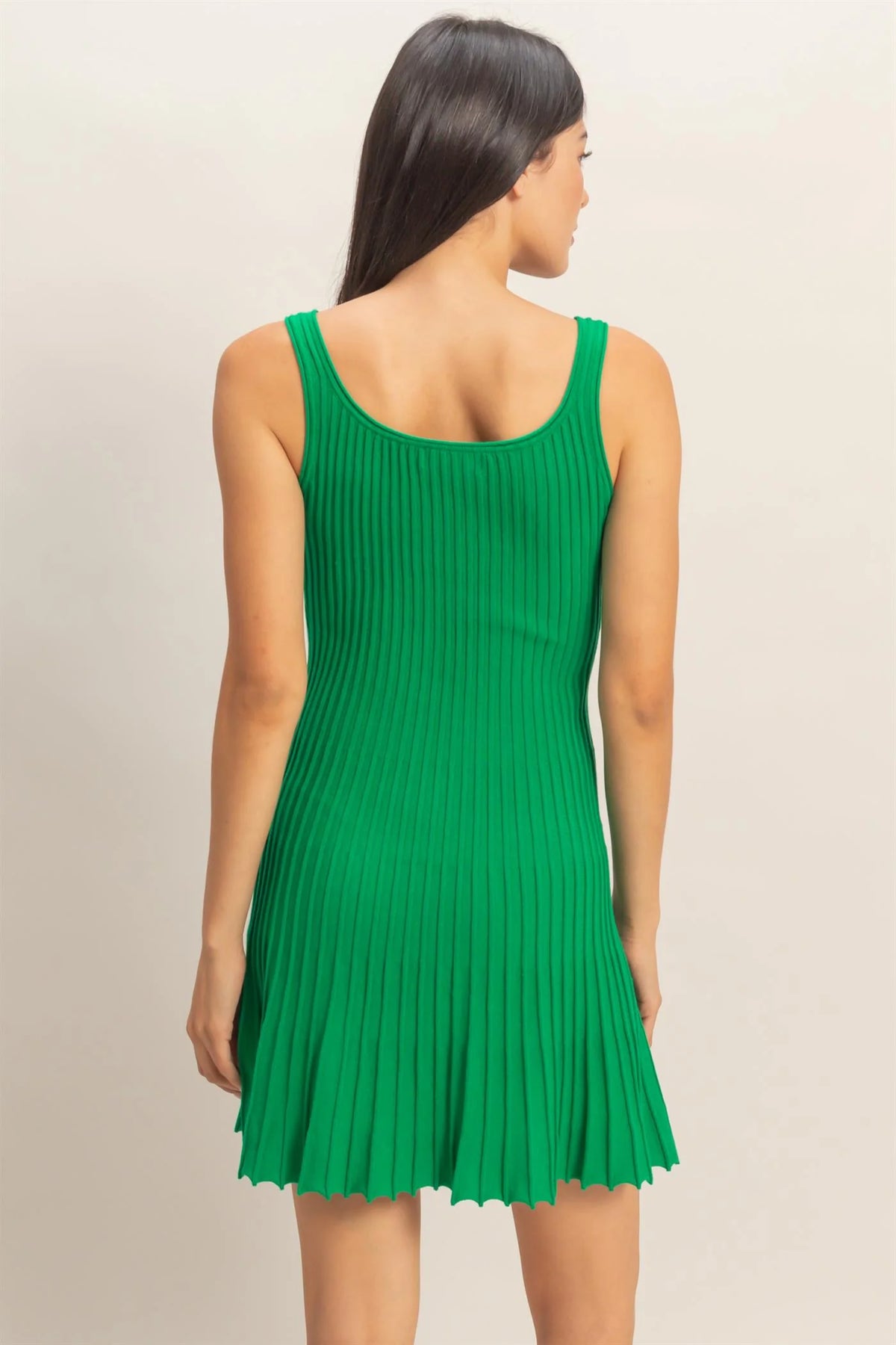 Green ribbed pleated tank mini dress - back view