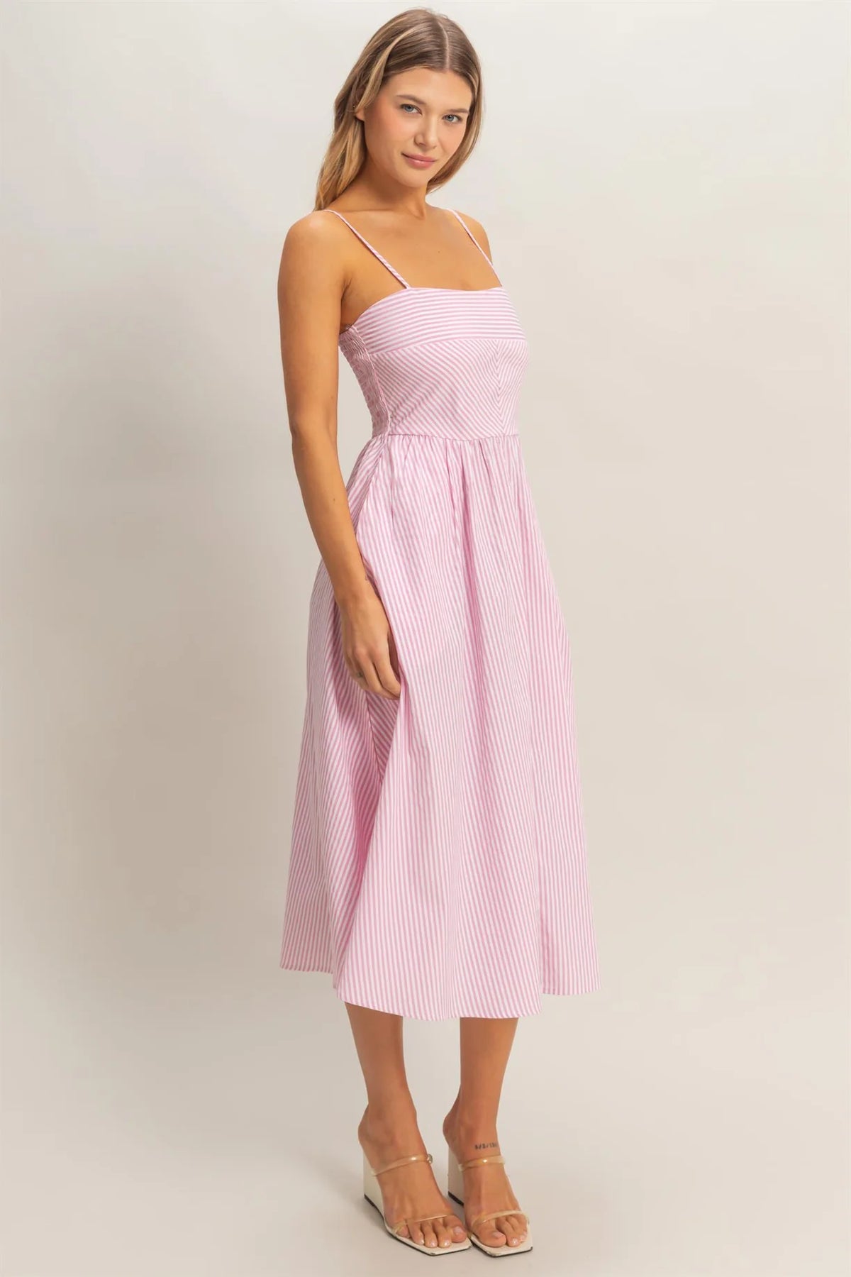 Pink striped spaghetti strap corset bodice midi dress - side view