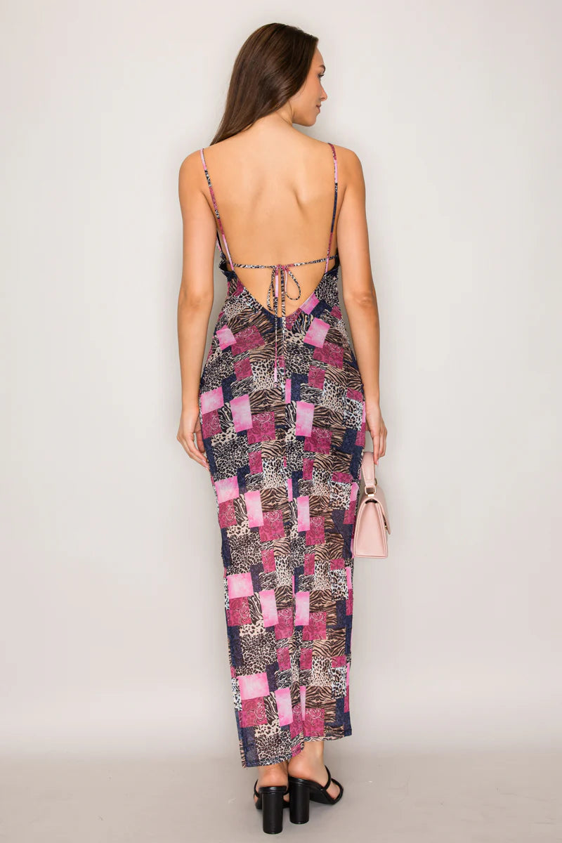 Black large floral spaghetti strap ruched bodycon midi dress - front view 2