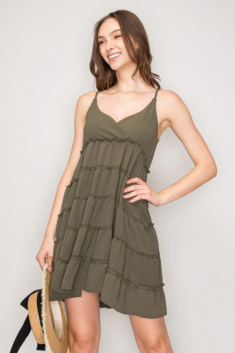 Olive V-neck tiered ruffle babydoll mini dress - front detail