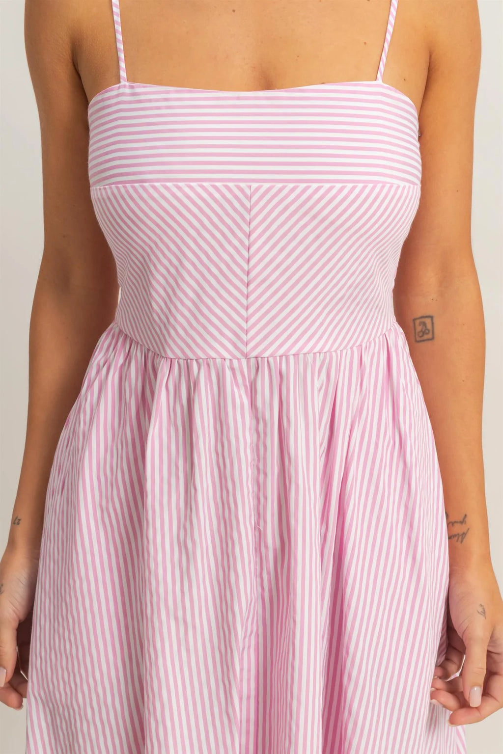 Pink striped spaghetti strap corset bodice midi dress - front view