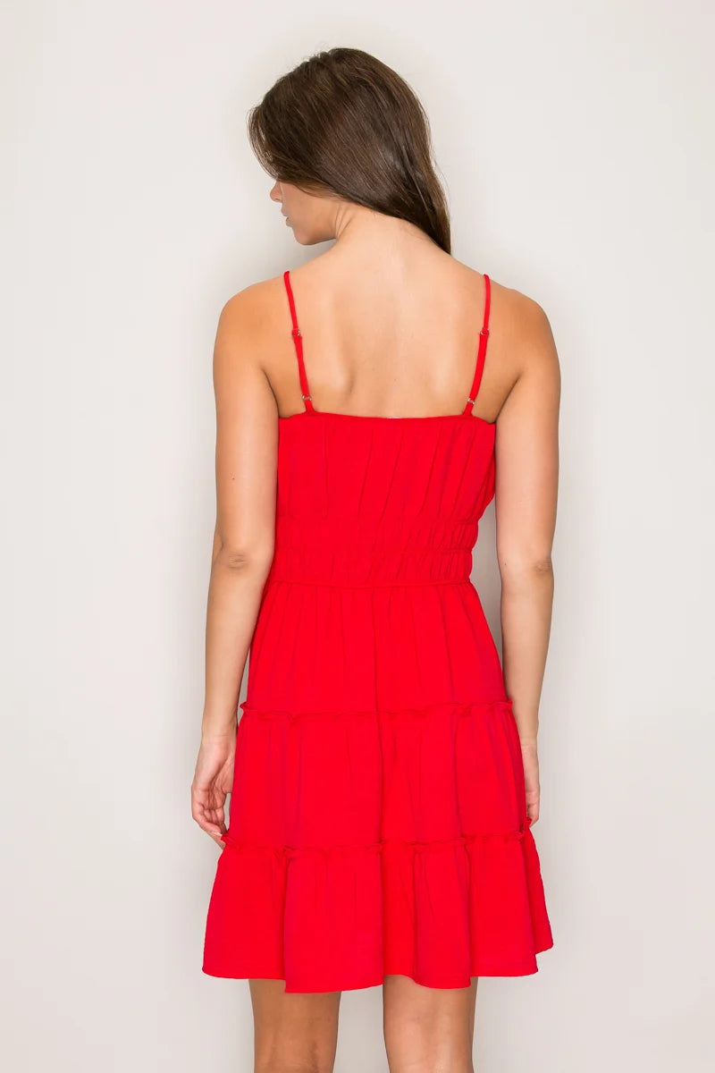 Cherry red ruffle trim tie-front smocked waist tiered mini dress - back view