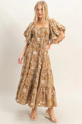 Caramel floral embroidered puff sleeve tiered maxi dress - front full length