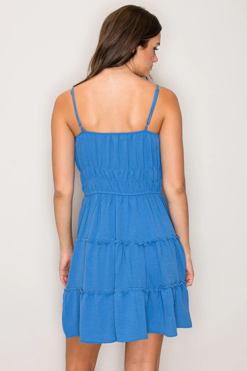 Blue tie-front tiered ruffle mini dress - back view