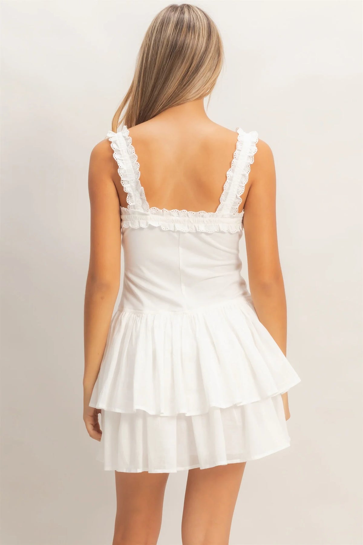 White eyelet ruffle strap button-front tiered mini dress - back view