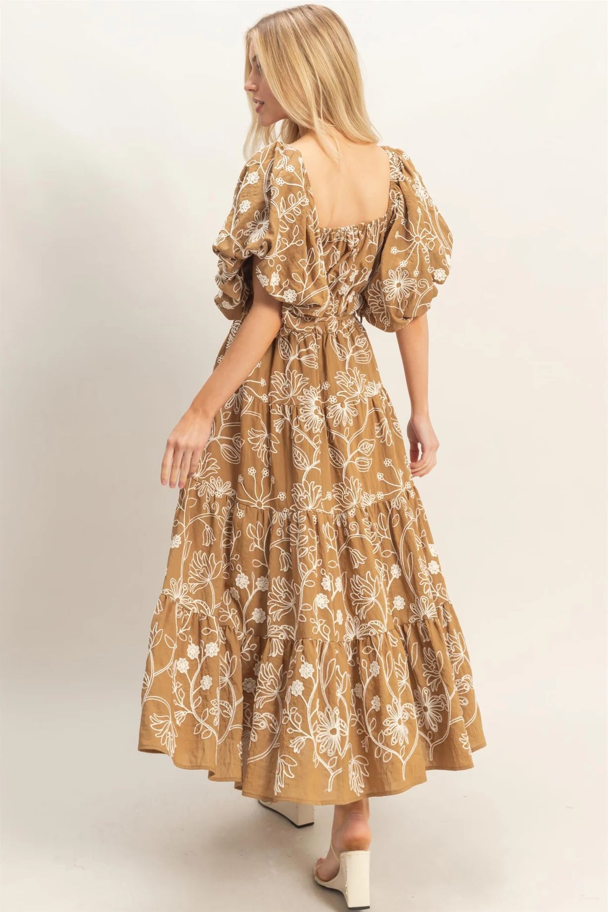 Caramel floral embroidered puff sleeve tiered maxi dress - bodice close up