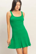 Green ribbed pleated tank mini dress - front view