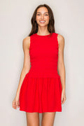 Red smocked bodice drop waist mini dress - front view