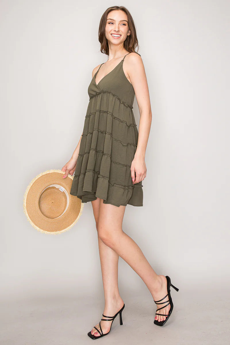 Olive V-neck tiered ruffle babydoll mini dress - front view