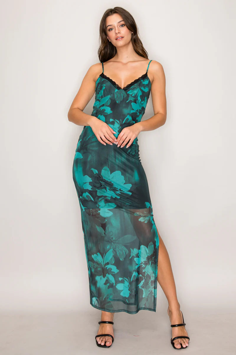 Emerald floral mesh lace trim slip maxi dress - front view