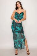Emerald floral mesh lace trim slip maxi dress - front view