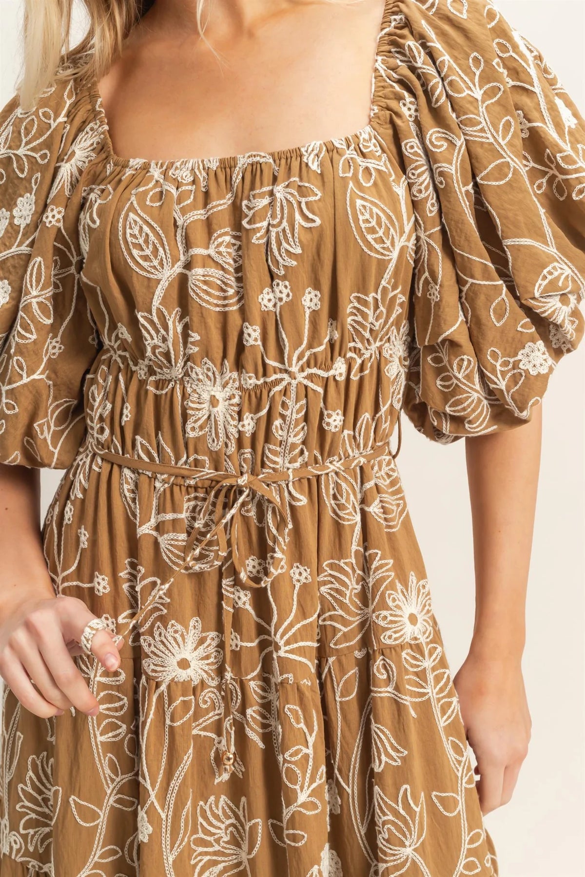 Caramel floral embroidered puff sleeve tiered maxi dress - back view