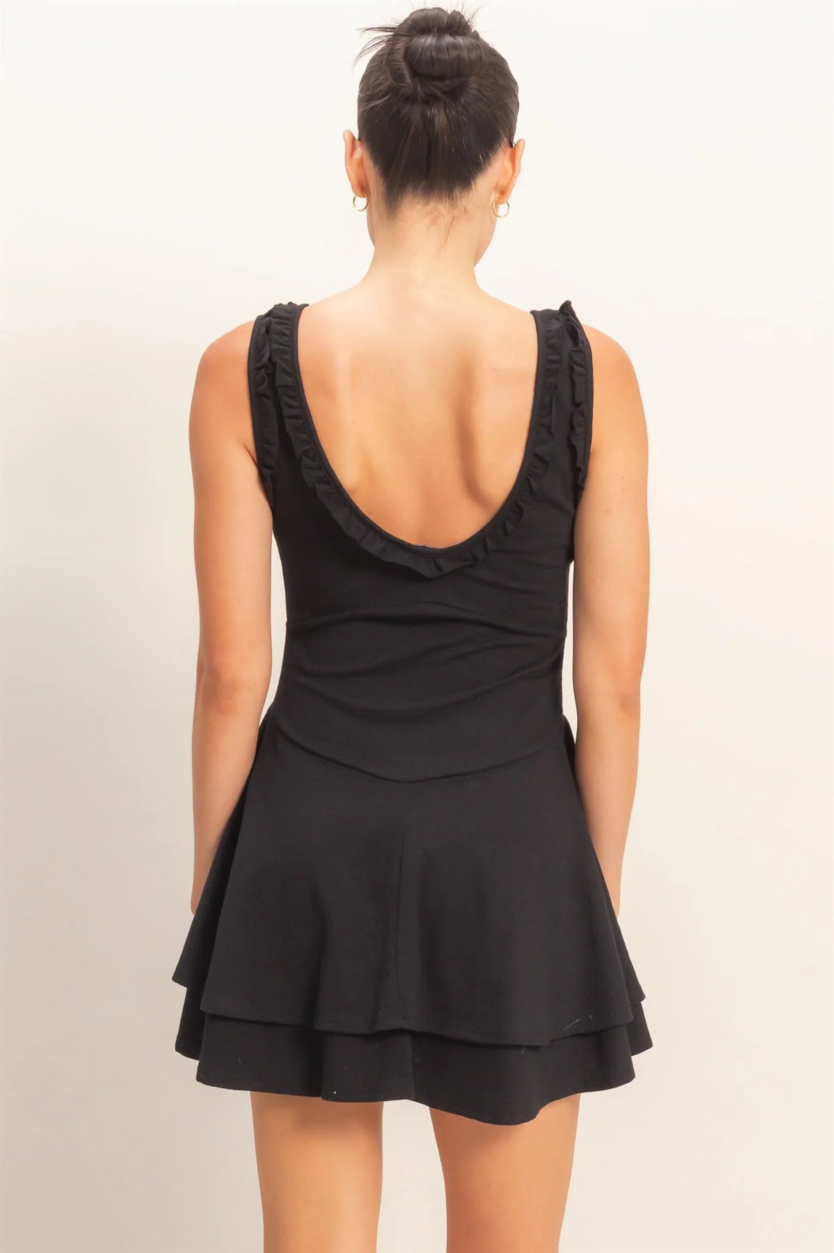 Black ruffle trim layered skirt mini dress - back view