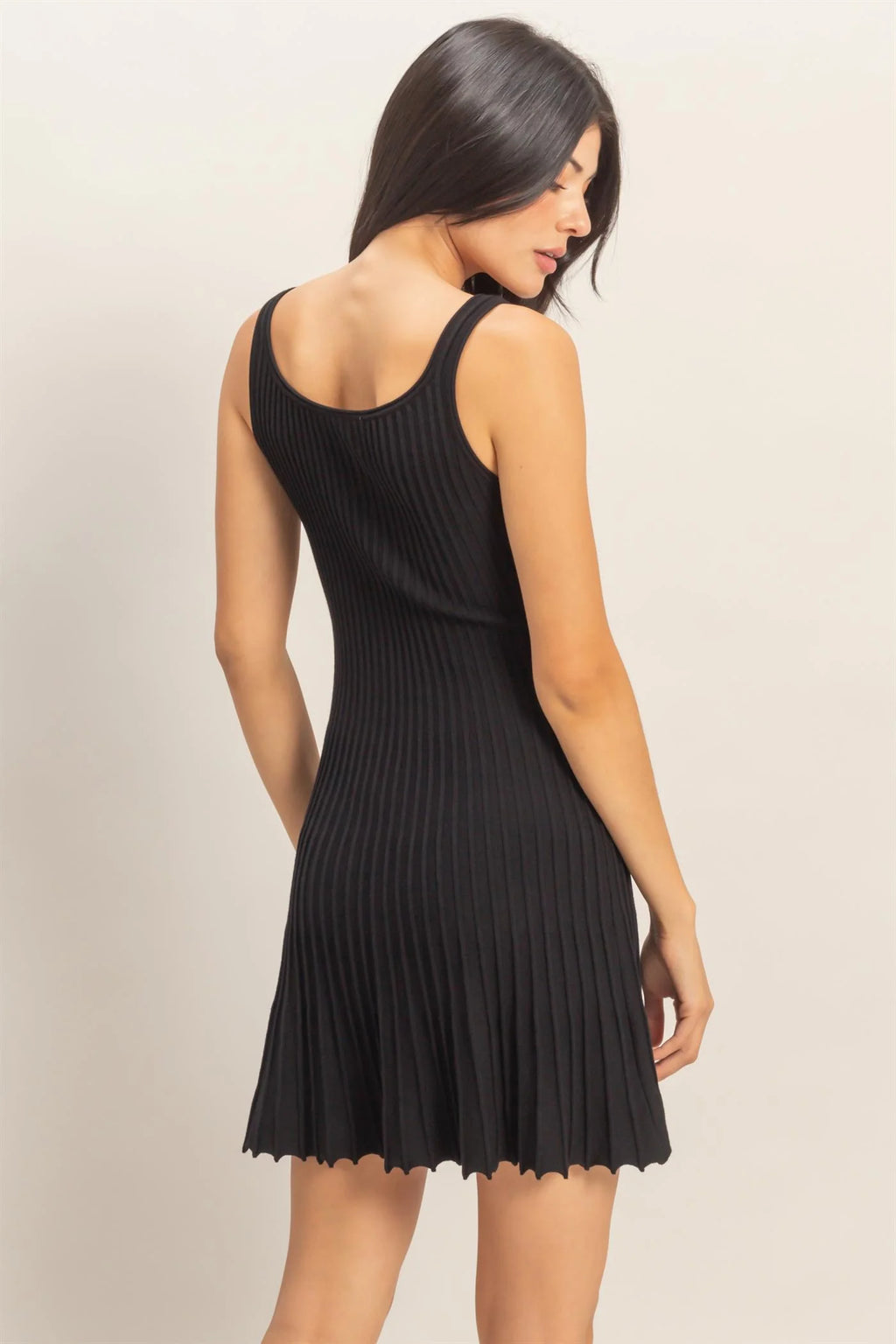 Black ribbed pleated tank mini dress - back view