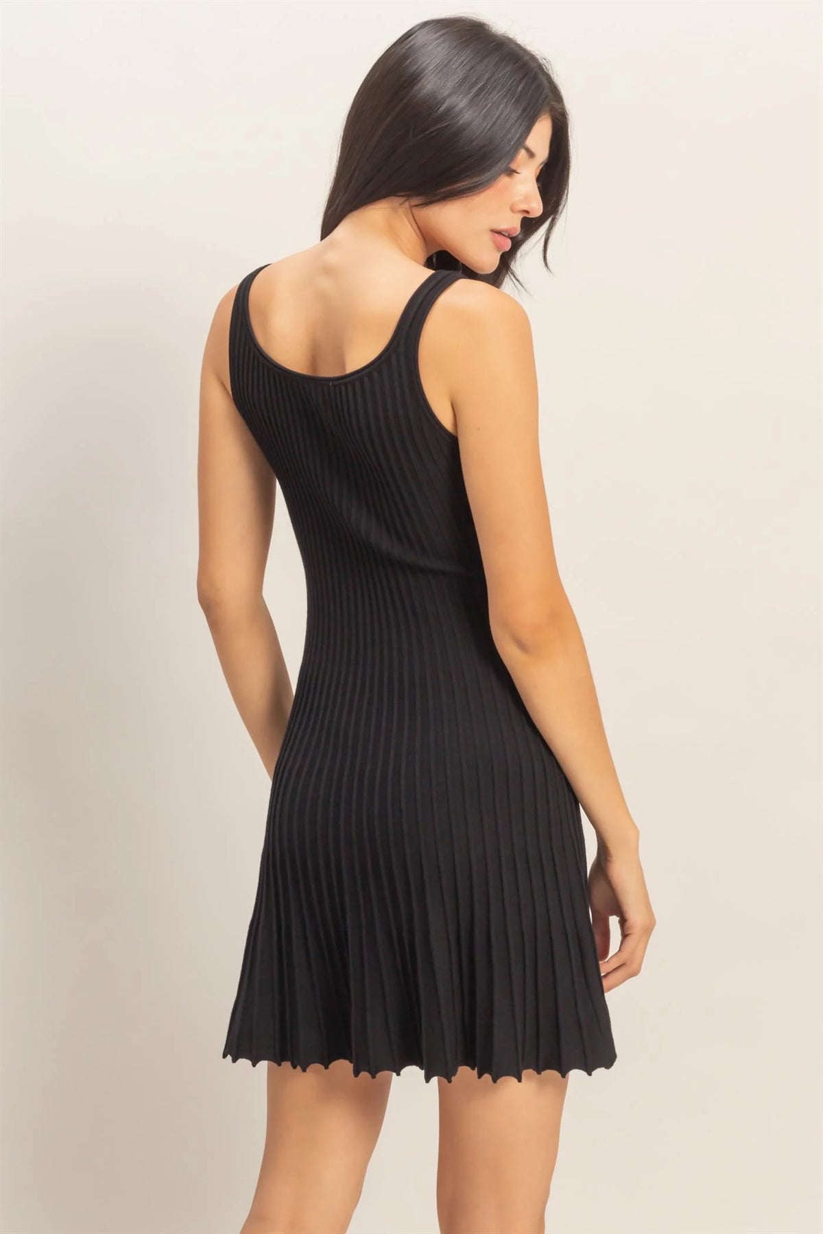 Black ribbed pleated tank mini dress - back view