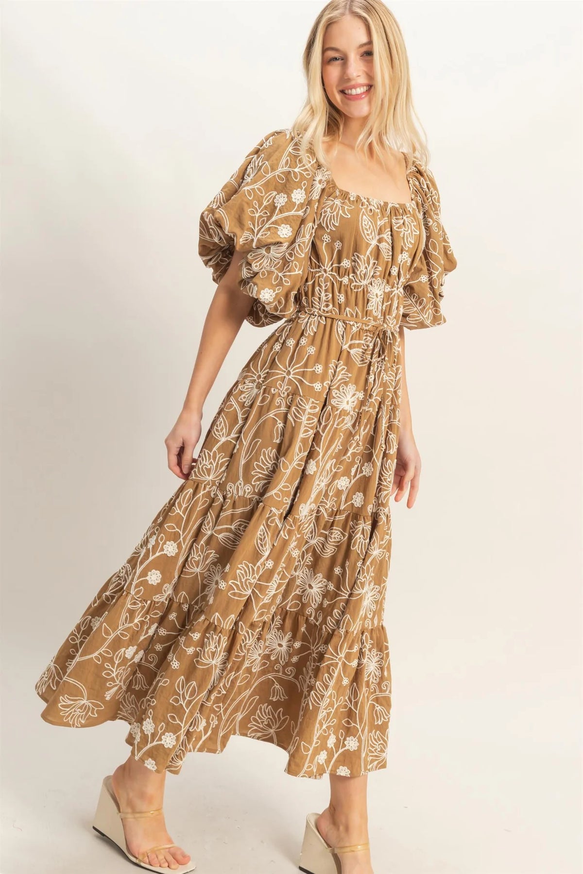 Caramel floral embroidered puff sleeve tiered maxi dress - front view