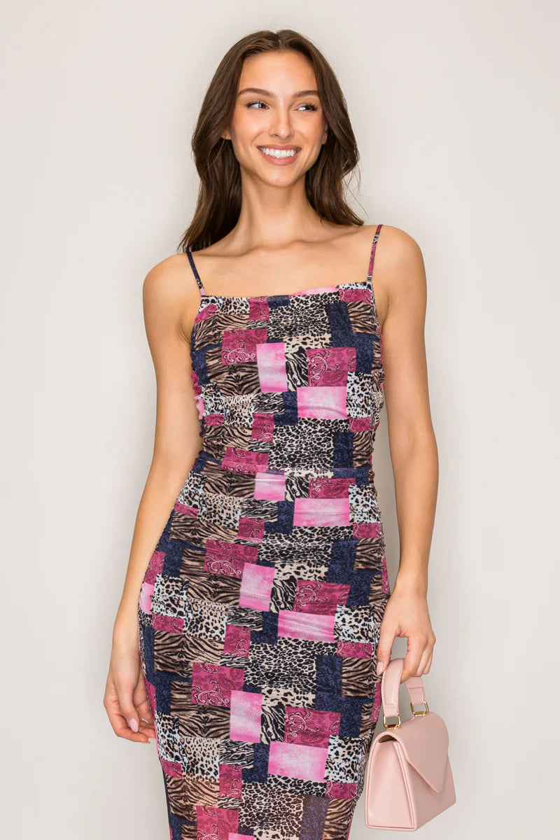 Patchwork animal print spaghetti strap ruched bodycon midi dress - front view