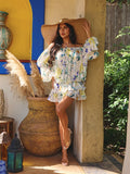 Floral off-shoulder puff sleeve tiered ruffle mini dress - full length front view with hat