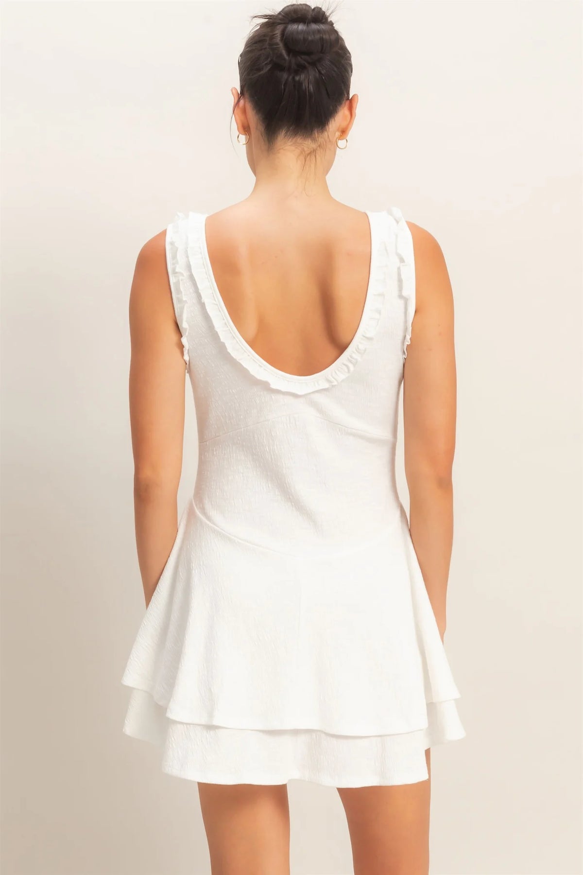 White ruffle trim layered skirt mini dress - back view