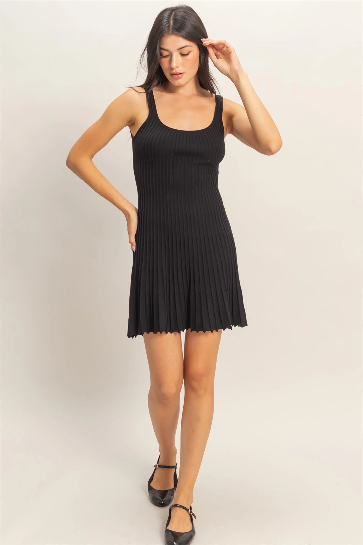 Black ribbed pleated tank mini dress - front view