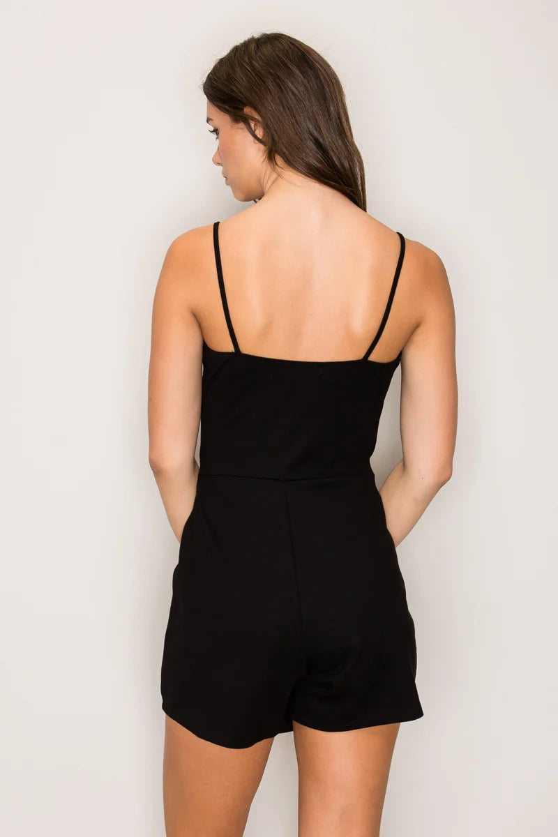 Black V-neck spaghetti strap gold D-ring belted wrap romper - back view