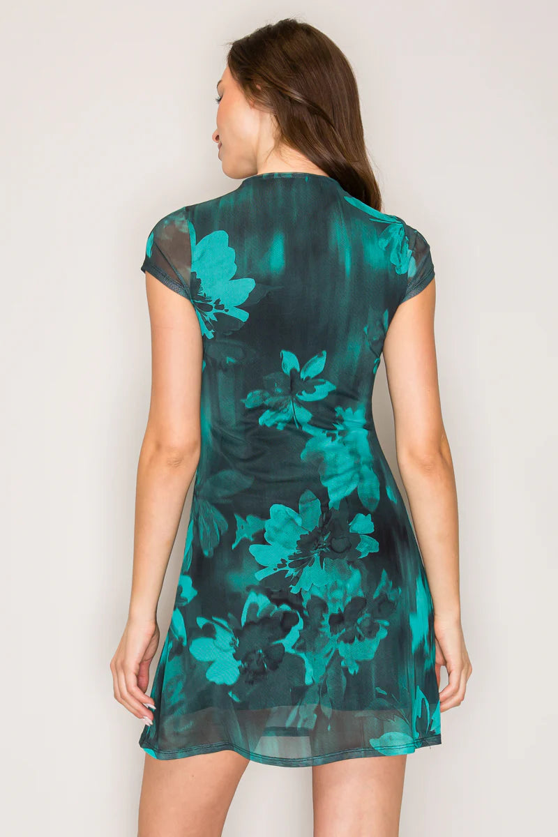 Teal floral mesh mini dress - back view