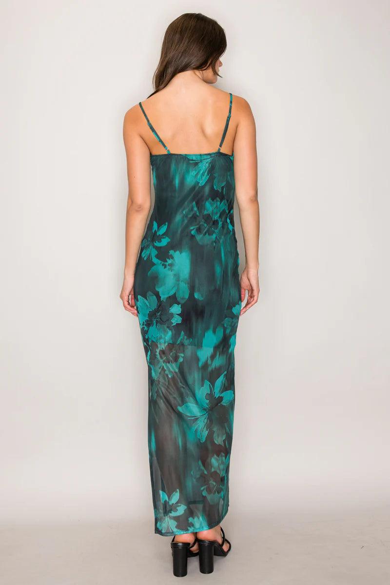 Emerald floral mesh lace trim slip maxi dress - back view