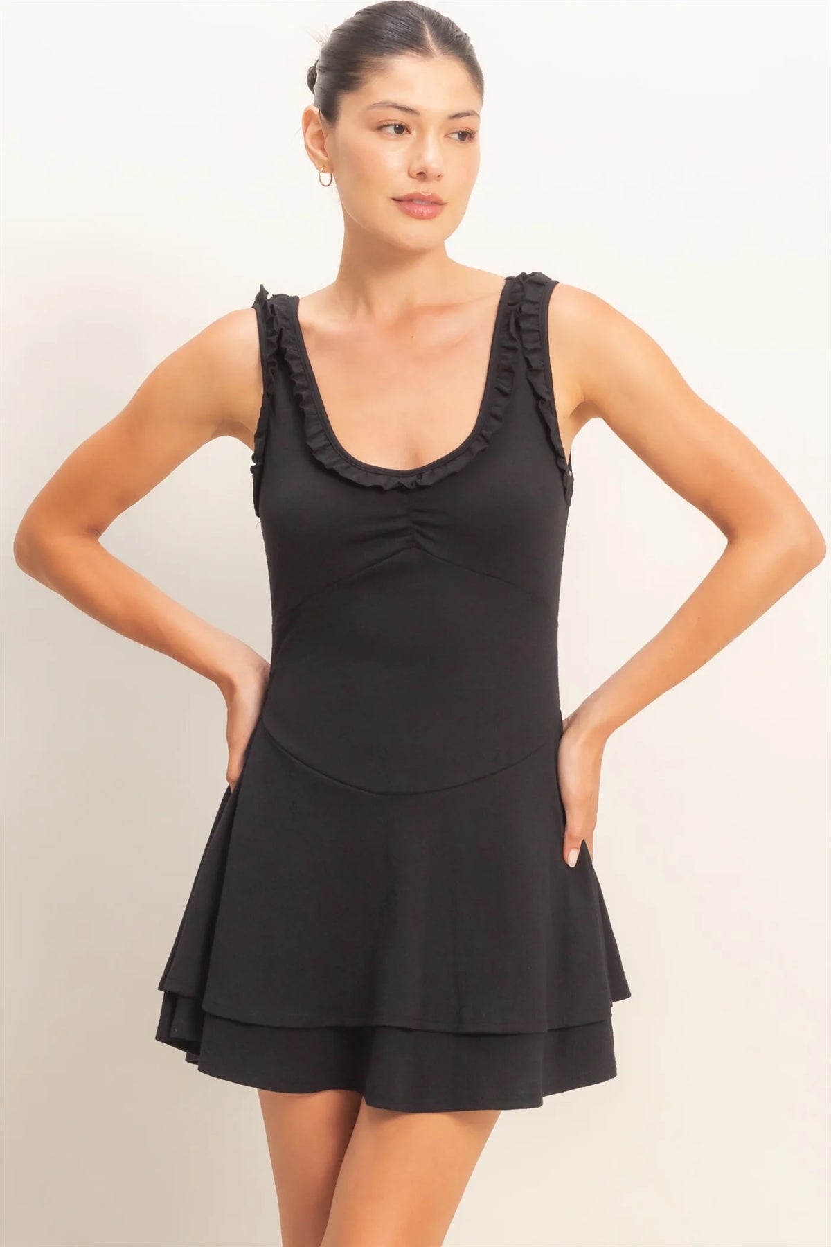 Black ruffle trim layered skirt mini dress - front view