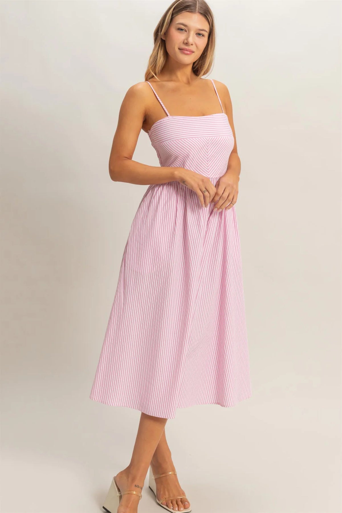 Pink striped spaghetti strap corset bodice midi dress - back view