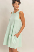 Mint sleeveless tiered babydoll mini dress - front close up