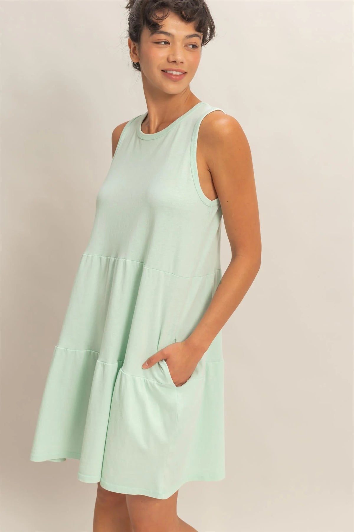 Mint sleeveless tiered babydoll mini dress - front close up