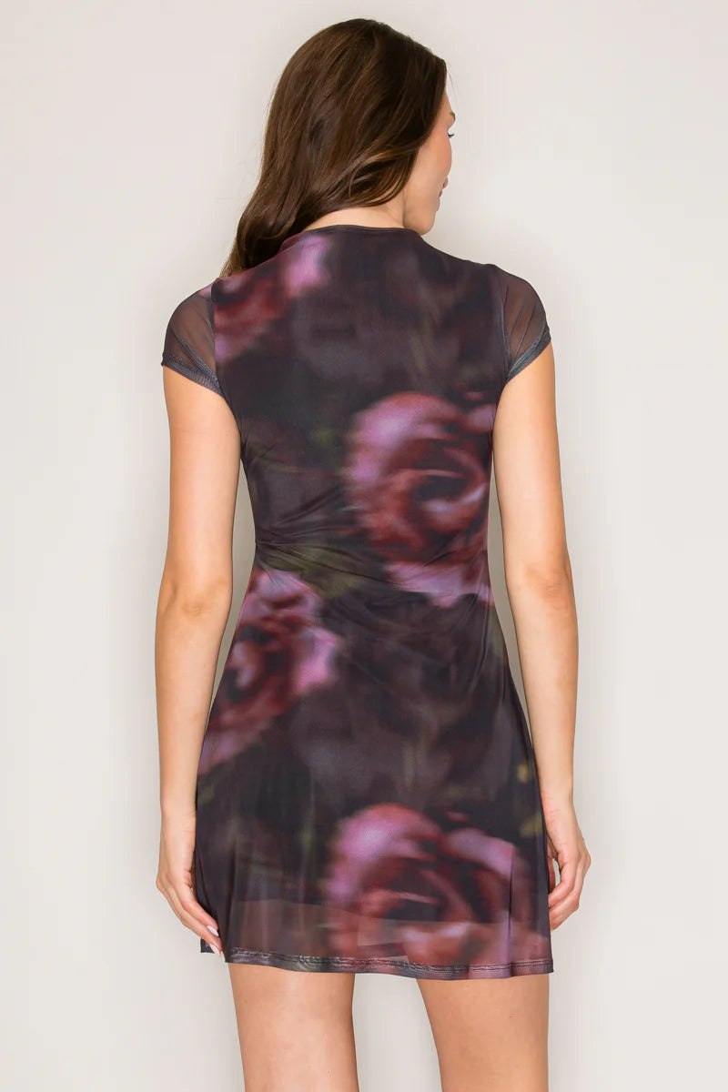 Dark rose floral mesh mini dress - back view