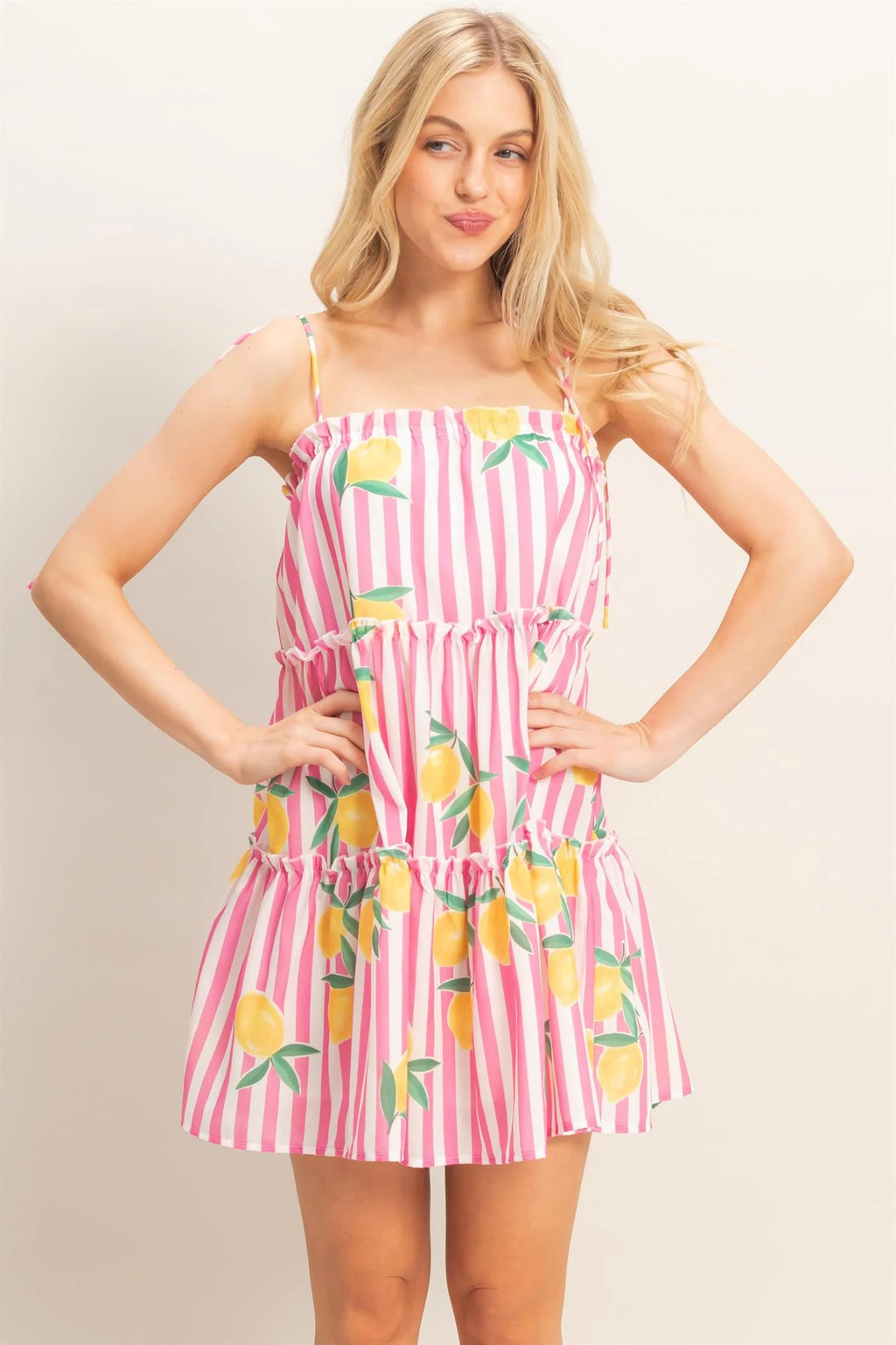 Pink lemon print striped tiered babydoll mini dress - front view