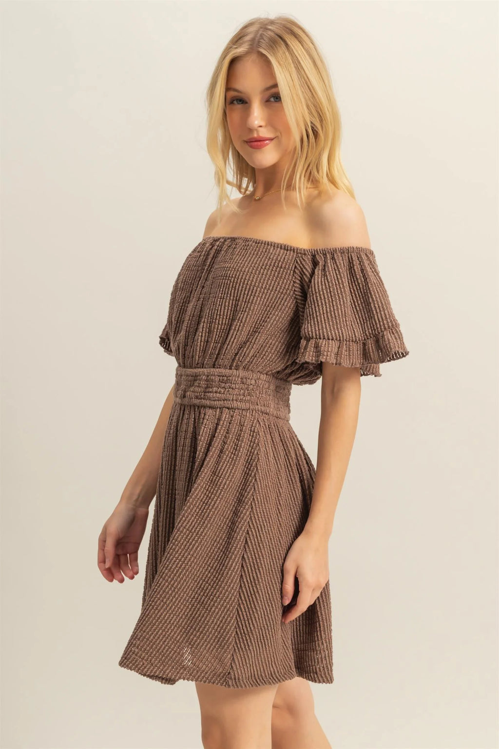 Brown off-shoulder ruffle sleeve smocked waist mini dress - side view