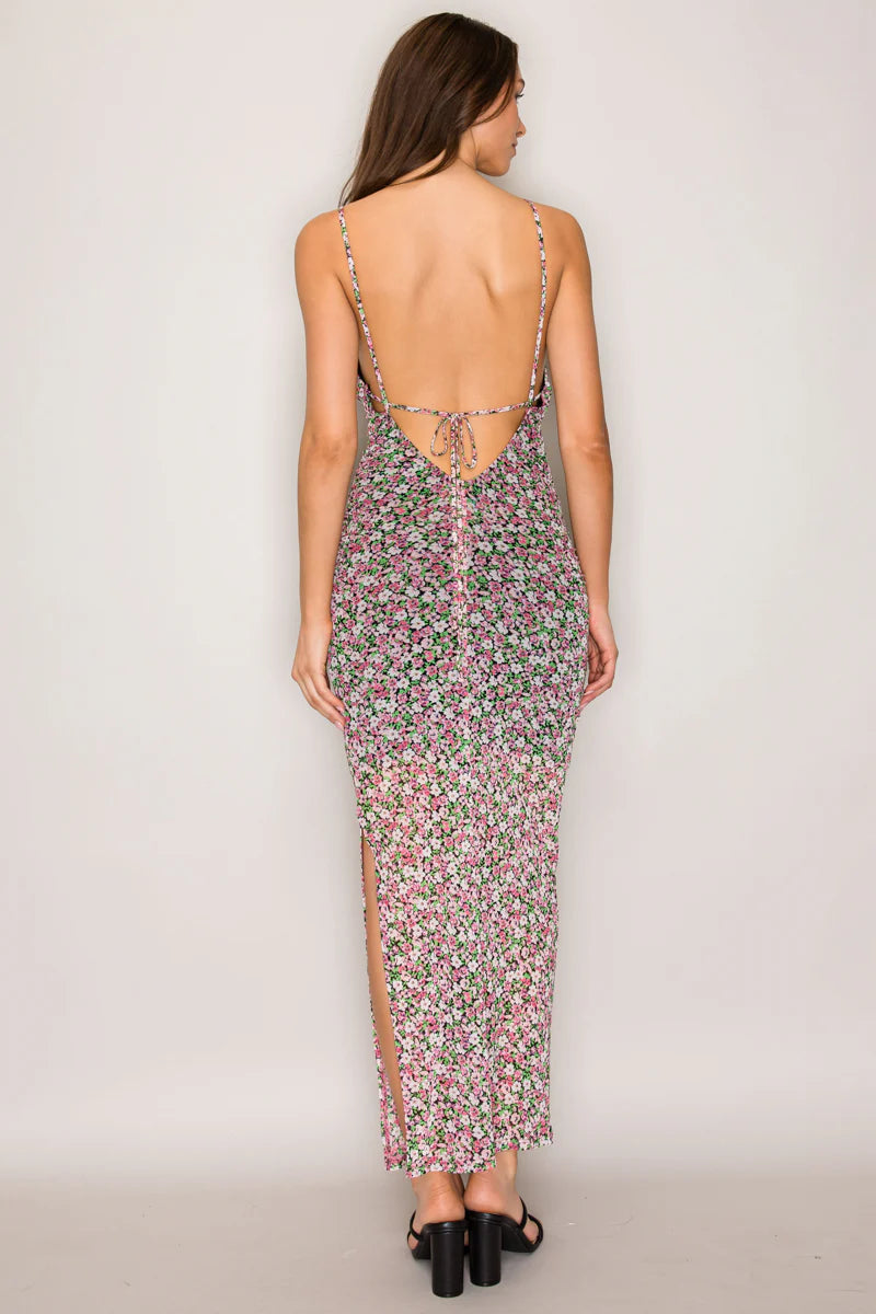 Ditsy floral spaghetti strap ruched bodycon midi dress - front close up