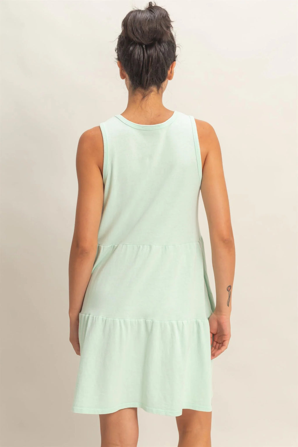 Mint sleeveless tiered babydoll mini dress - back view 2