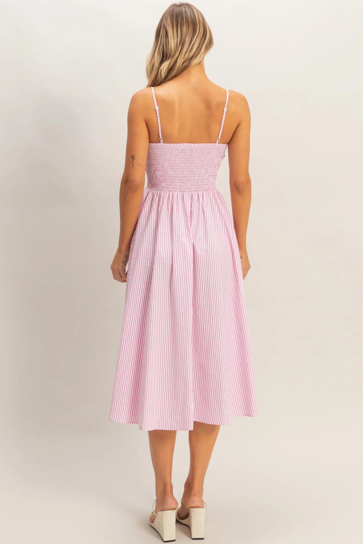 Pink striped spaghetti strap corset bodice midi dress - bodice close up