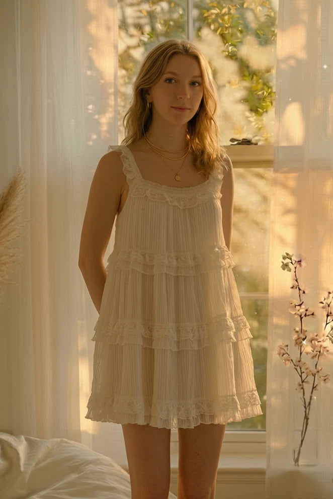 White ruffle strap multi-tier crinkle chiffon babydoll mini dress - golden hour front view